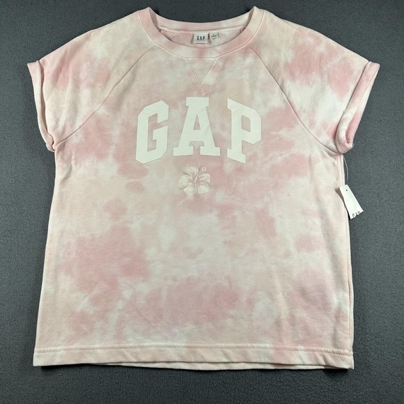 GAP Tops - Gap Shirt Womens Small Pink Tie Dye Terry Raglan Short Sleeve GAP Logo Hibiscus